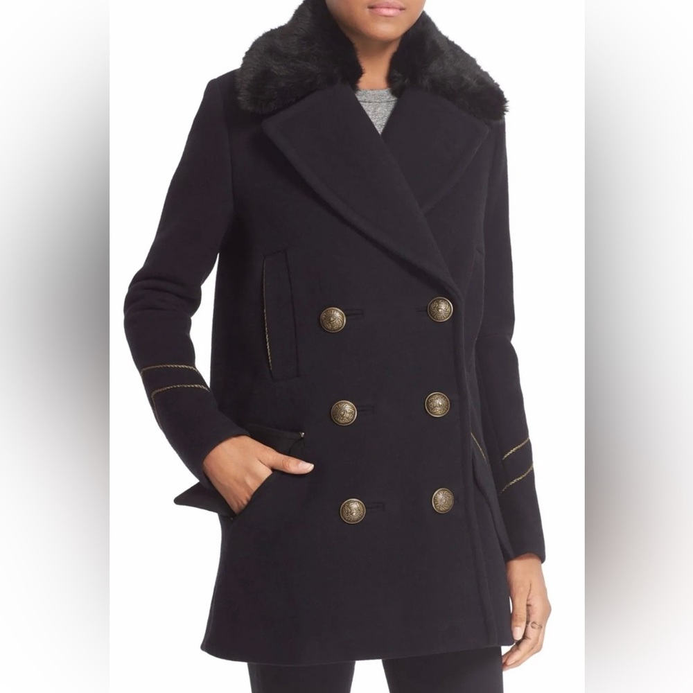 NWOT Free People Sedgwick Detachable Faux Fur Collar Peacoat Coat Navy Size M